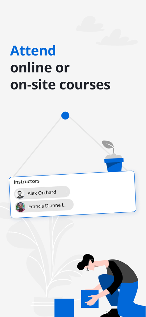 Go.Learn app screen promoting the ability to attend online or on-site courses with instructor profiles.