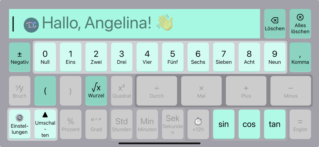 Landscape view of the DysCalculator app with German labels and a high-contrast accessible keyboard layout