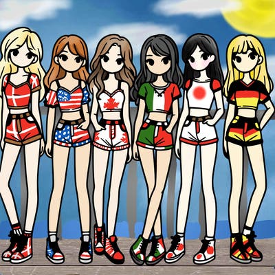 a group of girls wearing crop tops and shorts