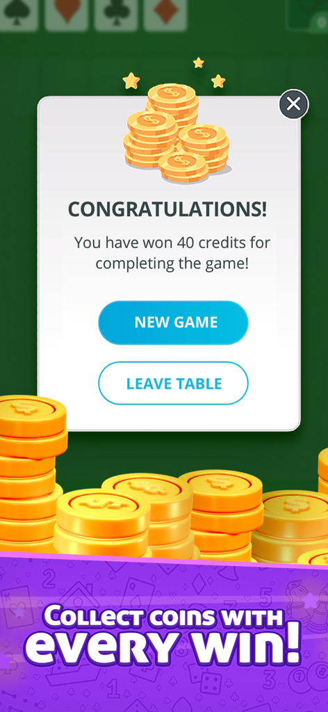 Winning screen in Solitaire GameVelvet showing 40 credits earned and a stack of gold coins