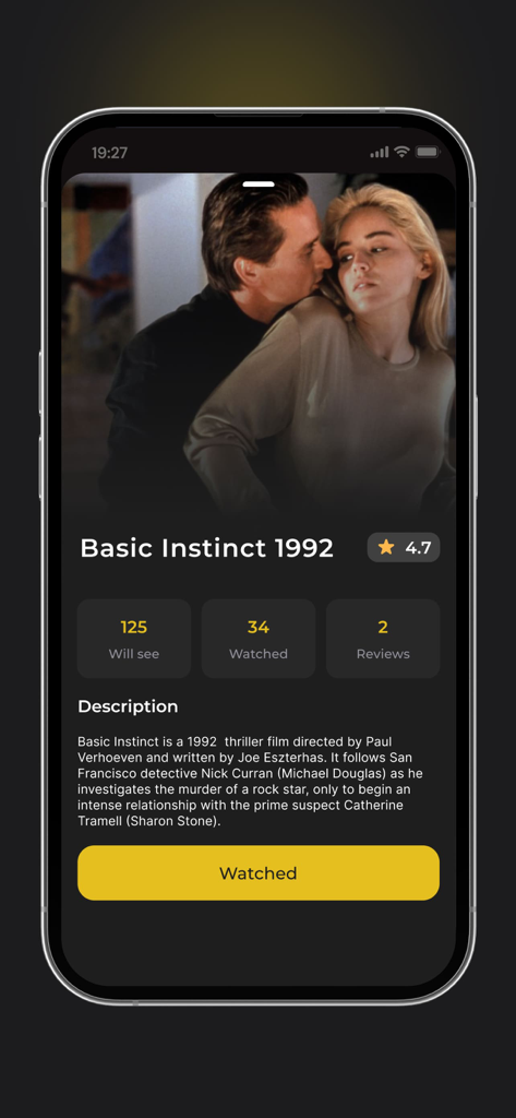 Flickory - Flickory app interface showing movie details for Basic Instinct with film description and watched status button