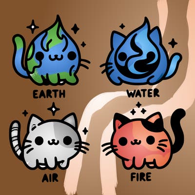4 cats that represent the different elements, earth, water, air, and fire