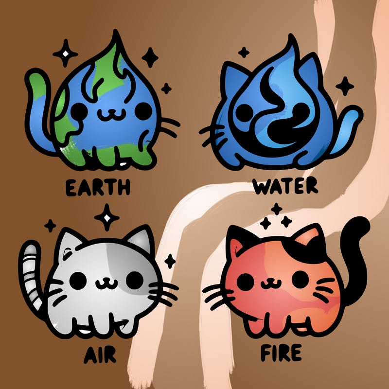 4 cats that represent the different elements, earth, water, air, and fire