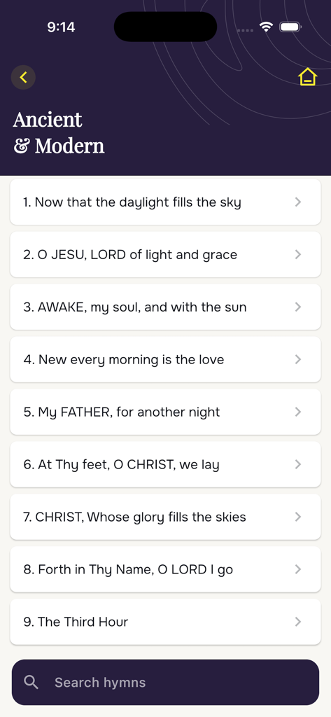 Una lista de himnos en la aplicación Himnario Anglicano mostrando la colección Ancient and Modern con una barra de búsqueda