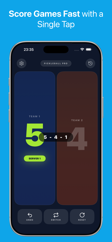 Pickleball Score Counter - High contrast scoreboard interface for the Pickleball Score Counter app with large numbers and server indicator