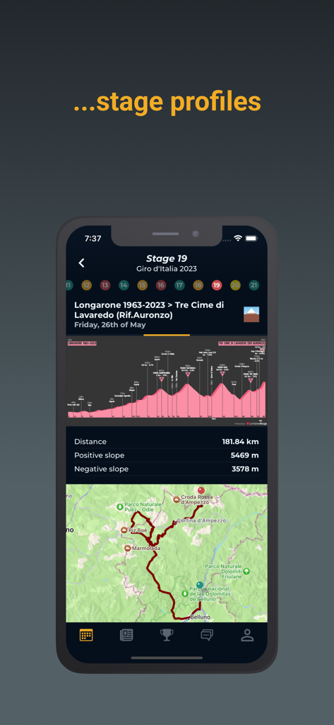 Cycling Fantasy app showing Stage 19 of the Giro d Italia with elevation profile and map