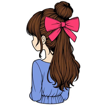 realistic girl  with hip length hair a bun and a big bow on the back of head