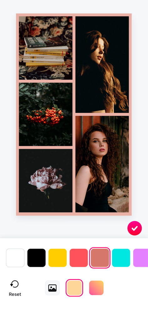 Une mise en page de collage photo esthétique pour les stories Instagram avec une bordure rose poussiéreux et des options de modification des couleurs.