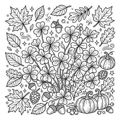 Immerse yourself in the enchanting beauty of autumn with this delightful coloring page. It features lush shamrock plants intertwined with classic fall elements like pumpkins, leaves, and acorns, perfect for a relaxing creative session.