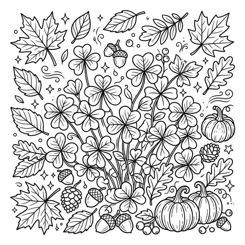 Immerse yourself in the enchanting beauty of autumn with this delightful coloring page. It features lush shamrock plants intertwined with classic fall elements like pumpkins, leaves, and acorns, perfect for a relaxing creative session.