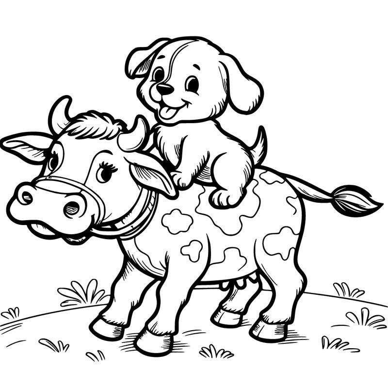 puppy riding a cow