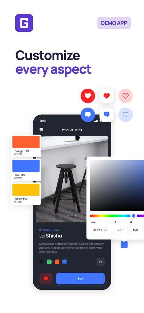 Grial UIKit - Interface of Grial UIKit showing UI customization tools and a product detail screen.