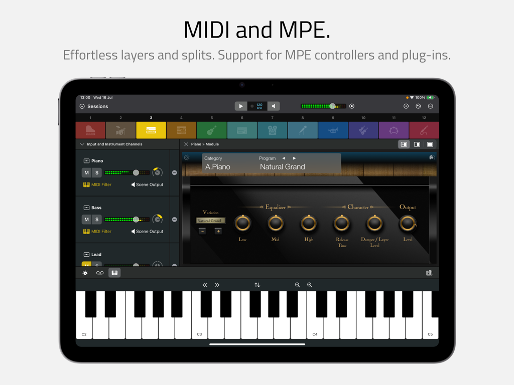 Interface of the Sessions app on an iPad showing MIDI and MPE features with a virtual keyboard and piano plugin.