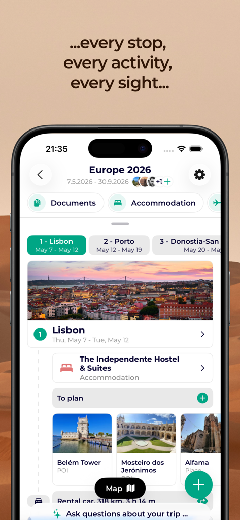 Lambus | Travel Planner - Interface do aplicativo planejador de viagens Lambus mostrando um roteiro detalhado para a Europa com paradas em Lisboa e Porto