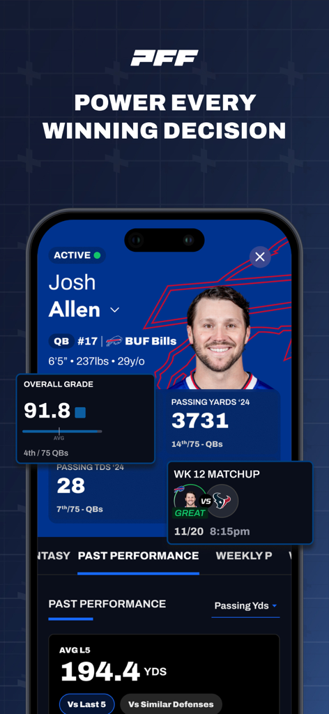 PFF: Betting & Fantasy Tools - PFF app screen showing NFL quarterback Josh Allen with performance grades and passing statistics