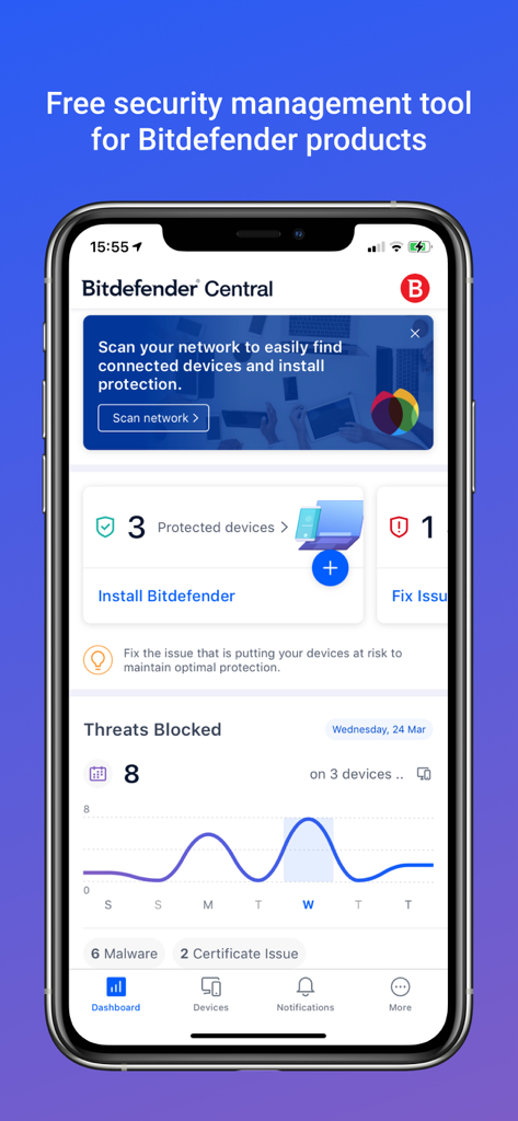 Bitdefender Central - Painel móvel do aplicativo Bitdefender Central mostrando dispositivos protegidos e um gráfico de ameaças de segurança bloqueadas.