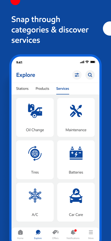 Mobilawy - The Mobilawy app explore screen displaying automotive service categories including oil change maintenance and tires