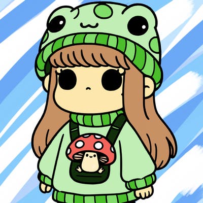 girl with a mushroom baggie shirt and froggy beanie