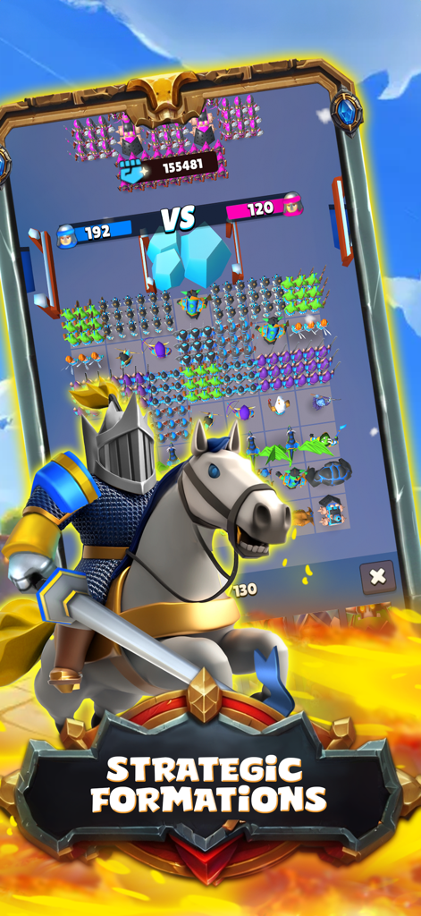 A knight on horseback leading a large army on a battle grid in Tiny Legends RPG War Game.