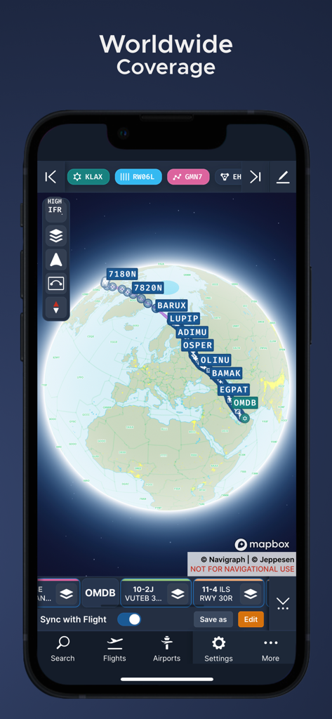 Navigraph Charts - Navigraph Chartsアプリインターフェイスが、長距離ルートとウェイポイント付きの3Dグローブに世界中のフライトカバレッジを表示しています。