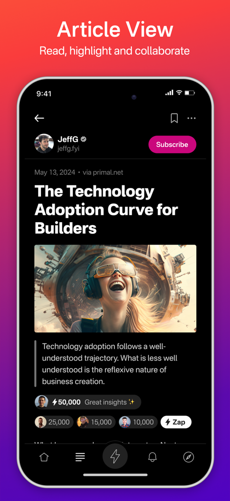 Primal - Primal app interface showing a long form article with integrated Bitcoin zap tipping feature