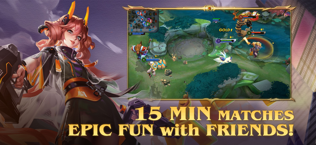 Heroes Evolved - Screenshot del gameplay MOBA di Heroes Evolved che mostra una scena di battaglia e un personaggio con il testo partite da 15 minuti