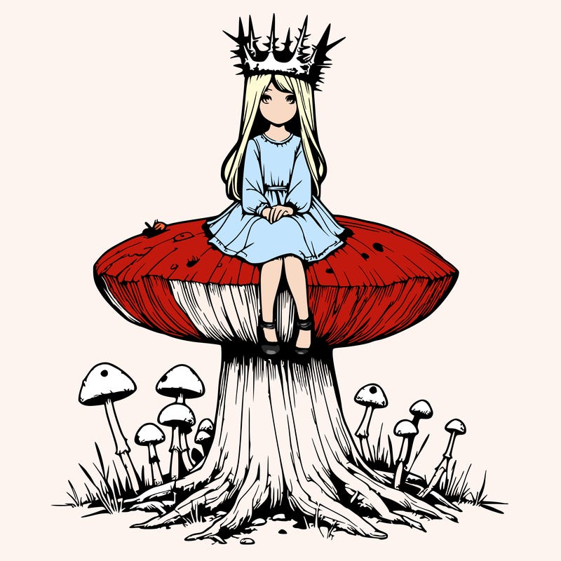 realistic girl sitting on a huge tree stump size toadstool with thorn crown