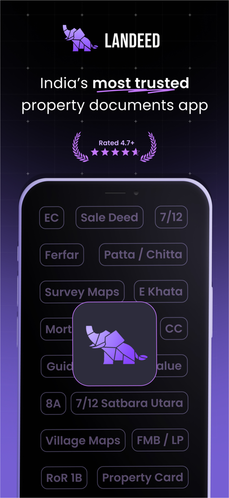 Landeed app interface displaying options for Indian property records and document verification services
