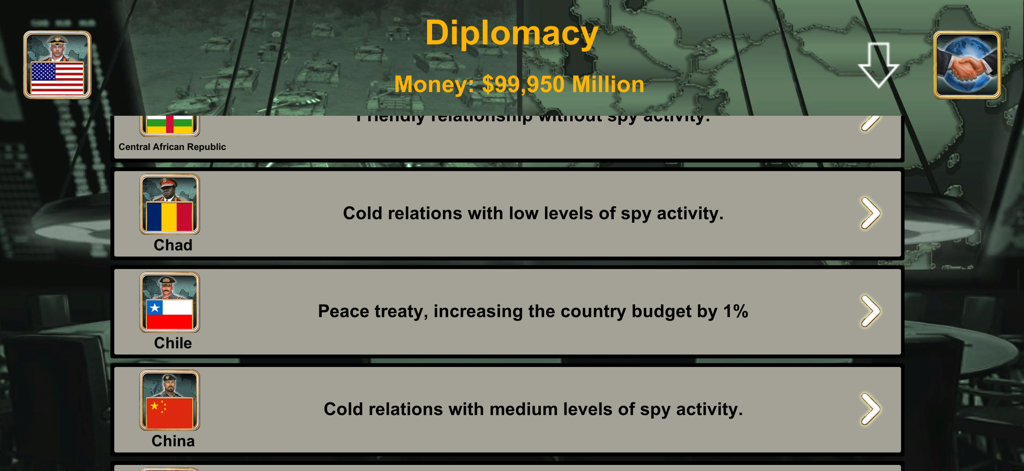 Menú de diplomacia en el juego de estrategia World Empire que muestra las relaciones y los niveles de actividad de espionaje con diferentes países.