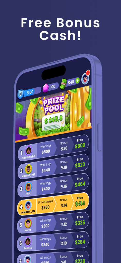 Spark Win Cash app screenshot showing a prize pool leaderboard with player rankings and cash bonuses
