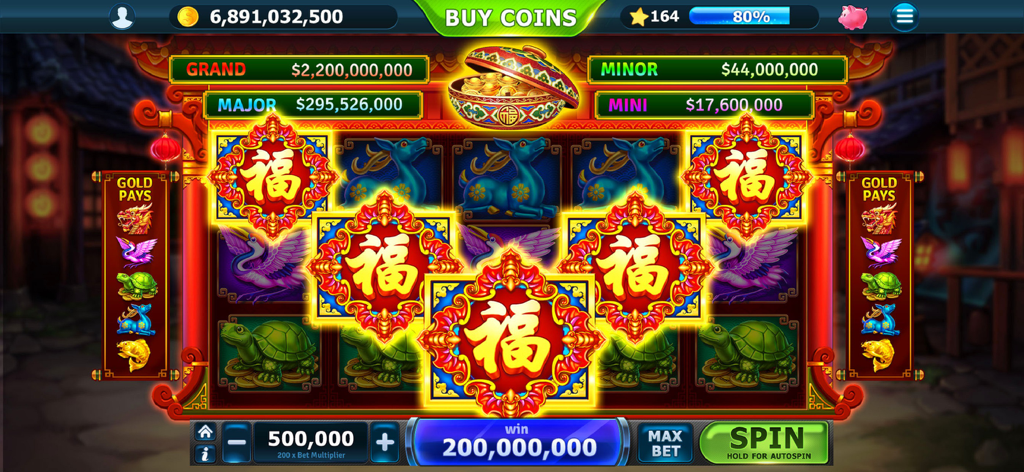 Slots of Vegas - Uno screenshot dell'app mobile Slots of Vegas con una slot machine a tema cinese con cinque simboli della fortuna e una vincita di 200 milioni di monete