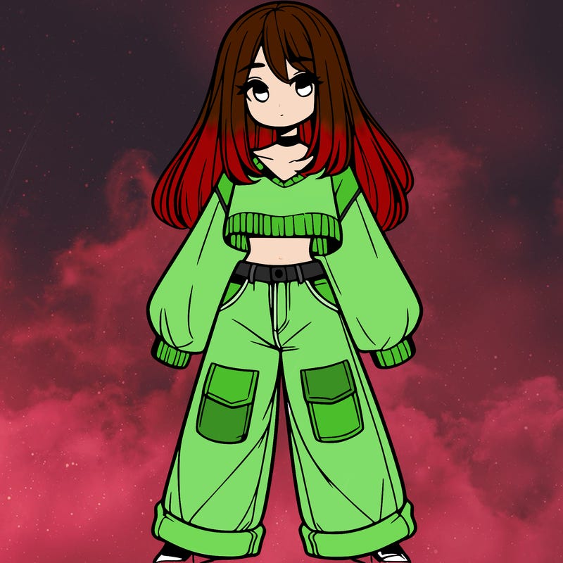 cute girl with straight hair in baggy jeans and a crop top and a sweater