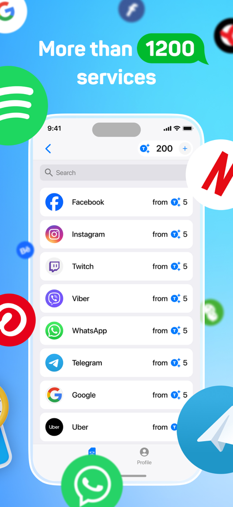 SMS activate | Virtual SIM - Mobile app screen showing a list of over 1200 services available for virtual SMS activation including Facebook Instagram and Uber