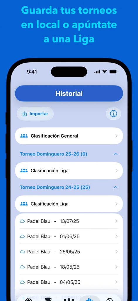 Verlauf-Bildschirm der Americana Padel App mit Turnierranglisten und Ligenlisten