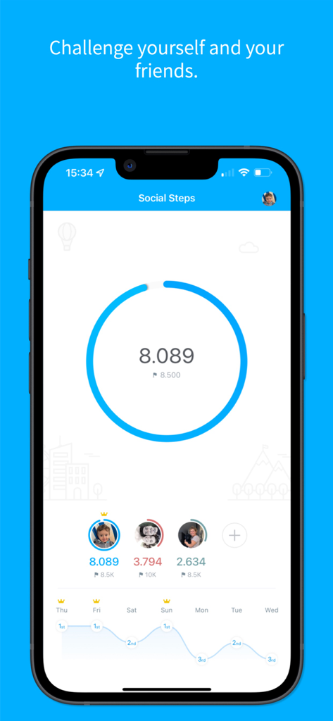 Social Steps - Social Steps app dashboard showing a circular step count progress tracker and a friend leaderboard for competition