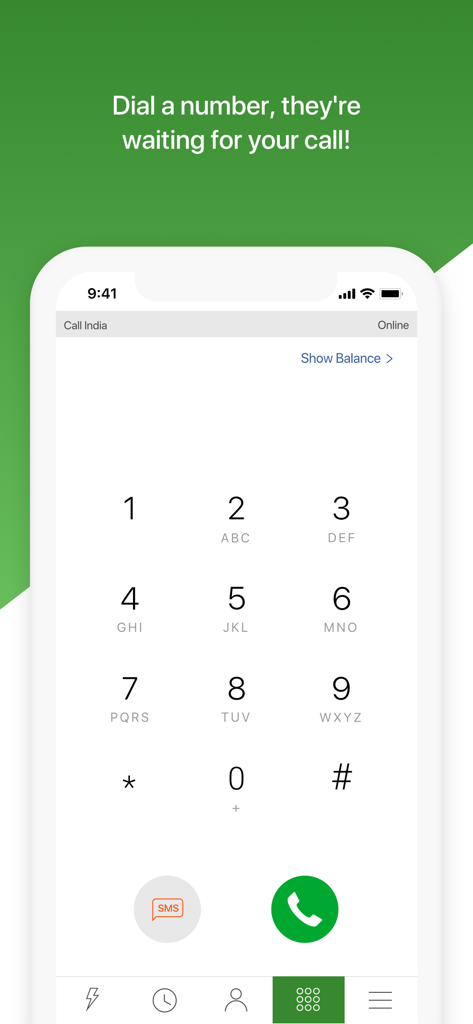 CallIndia app dialer interface showing numeric keypad and call button for international calls