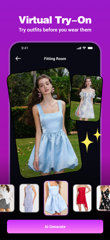 ReVibe: AI Photo & Video Maker - Interface do aplicativo ReVibe mostrando o recurso de tentativa virtual com uma mulher em um vestido azul e várias opções de roupa