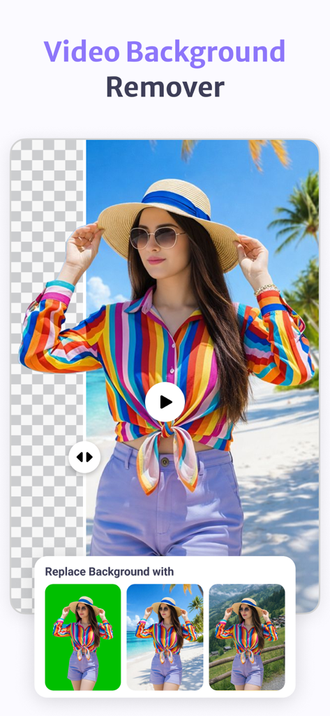 Photo & Video BG Remover - App interface demonstrating AI video background removal and replacement options