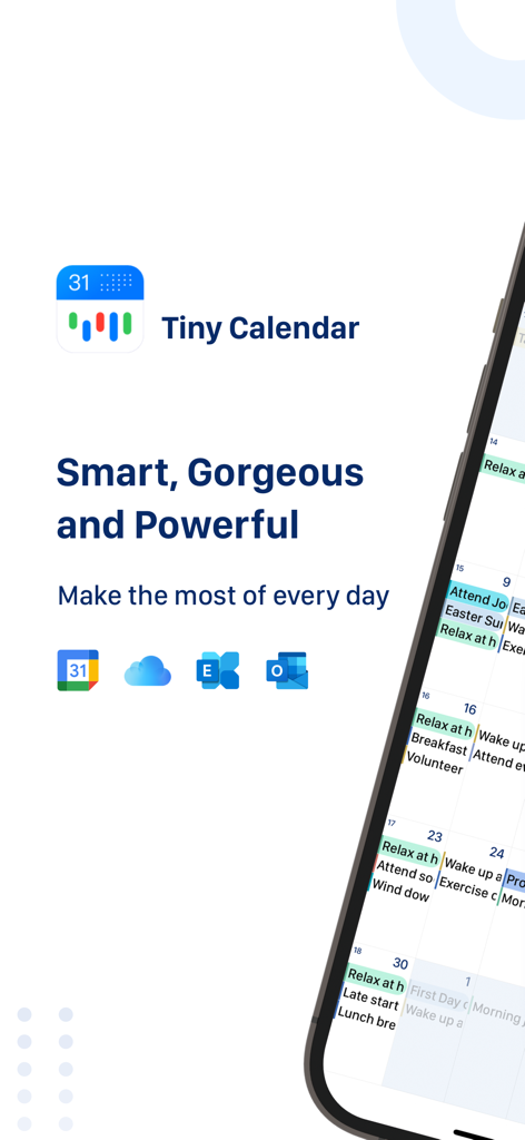 Tiny Calendar Pro - Interfaz de la aplicación Tiny Calendar Pro en iPhone que muestra la sincronización de calendarios con Google, iCloud y Outlook