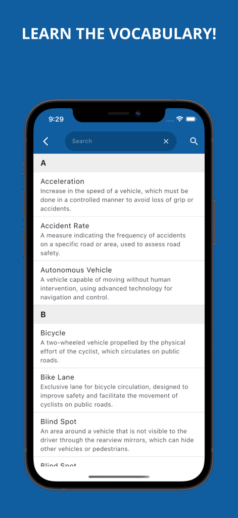 Theoretical driving test - Una pantalla de glosario de la aplicación Examen Teórico de Conducir que muestra definiciones de términos relacionados con el tráfico y los vehículos, como aceleración y punto ciego.