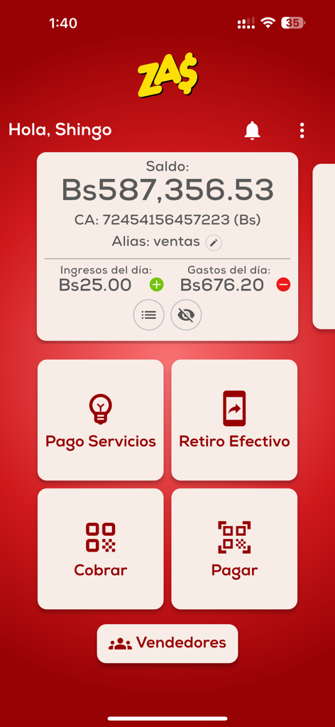 ZA$ - Pantalla de inicio de la app financiera móvil ZA que muestra el saldo y opciones para pagos de servicios, retiro de efectivo y pagos QR