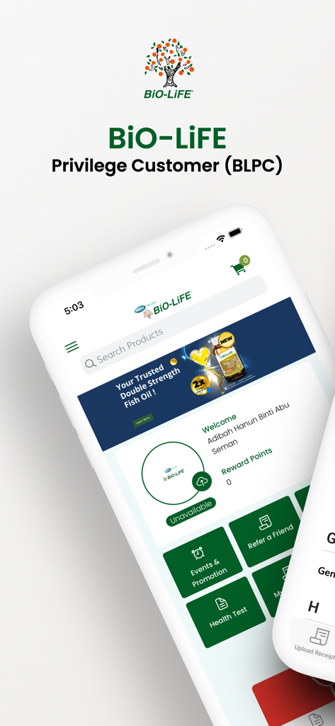 BiO-LiFE - BiO-LiFE mobile app dashboard showing loyalty points and health menu options