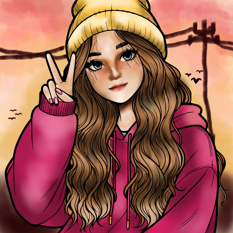 a teenage girl in a beanie, oversized sweatshirt, wavy long hair, and is showing a ✌️