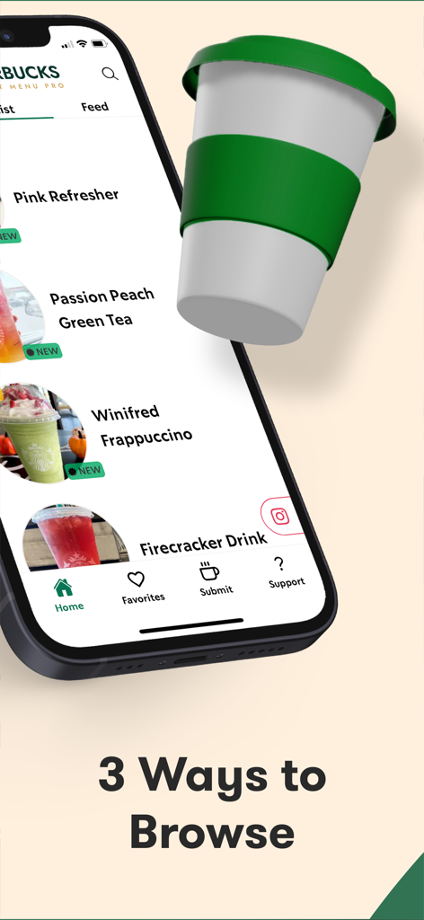 Starbucks-Inspired Secret Menu - Smartphone che mostra un elenco di ricette di bevande personalizzate nell'app Menu Segreto Ispirato a Starbucks