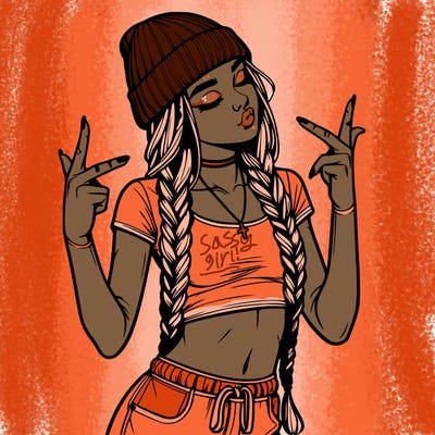 realistic teenage girl with braids and a beanie and crop top doing 🫶🏼