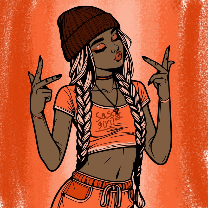 realistic teenage girl with braids and a beanie and crop top doing 🫶🏼