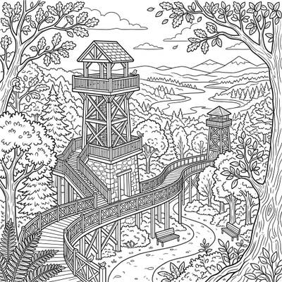 Ascend to new creative heights with this intricate coloring page featuring stunning scenic park towers. Designed specifically for teens, it offers a detailed natural landscape waiting for your artistic touch.