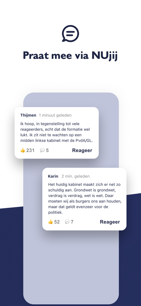 NU.nl - La sección de discusión de NUjij de la aplicación de noticias NU.nl donde los usuarios pueden publicar comentarios.