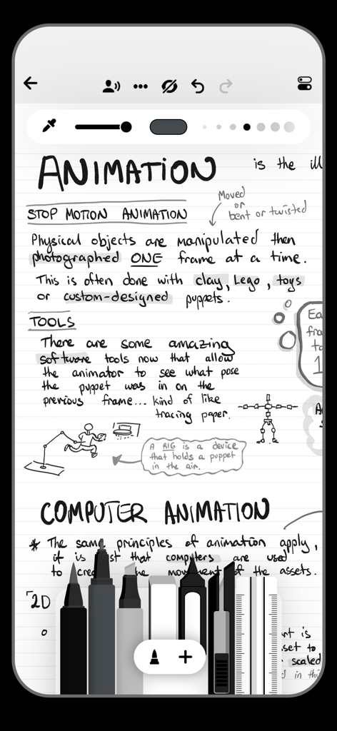 Flow: Note Taking, Drawing Pad - Handwritten notes about animation in the Flow app showing a realistic digital toolset