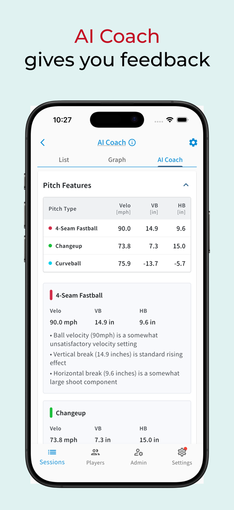 SmartScout Baseball - Interfaccia dell'app SmartScout Baseball che mostra analisi dei lanci IA e metriche per l'allenamento professionale